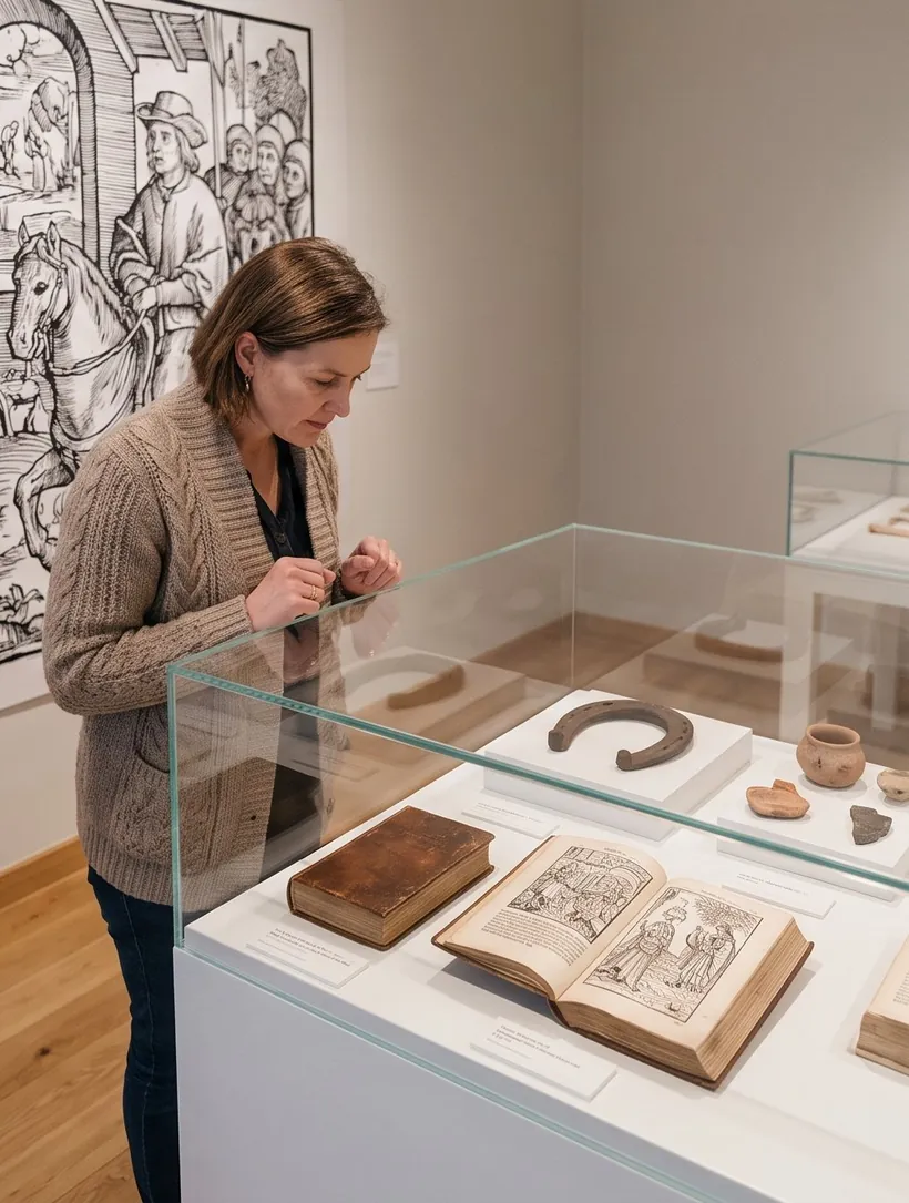Eine Besucherin betrachtet eine Vitrine mit Hufeisen, Amuletten und alten Büchern, dahinter ein großer Holzschnitt