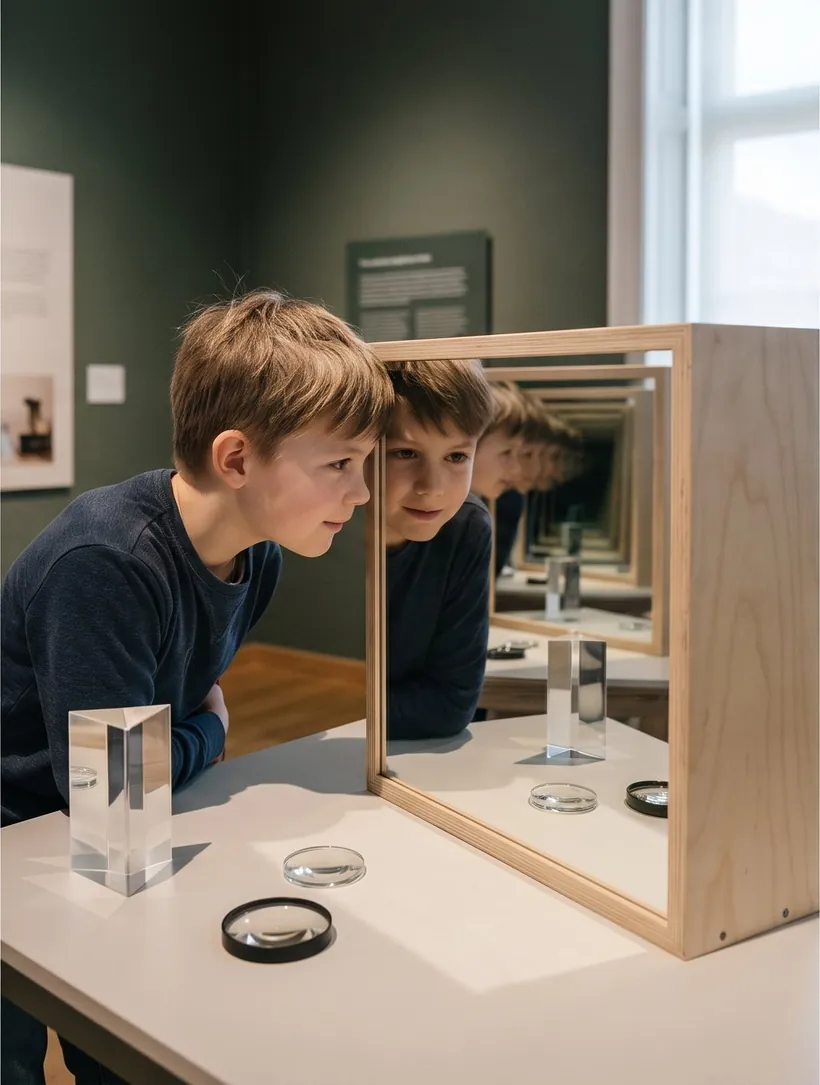 Ein Junge blickt in einen Spiegelkasten, sein Gesicht wiederholt sich endlos