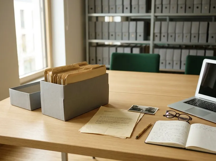 Archivkarton mit Akten, Fotografie und Notizen auf einem Lesesaaltisch, dahinter Regale mit Archivkartons