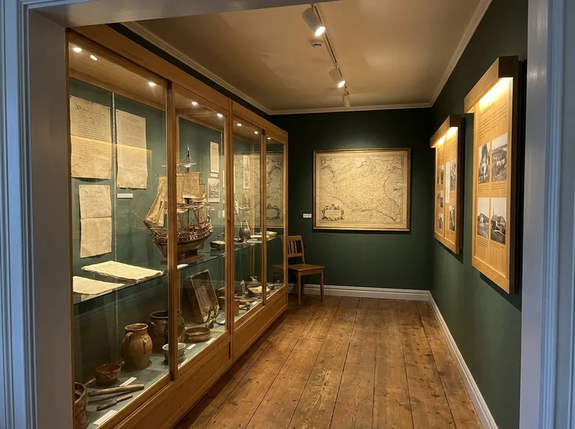 Museumsraum mit langer Vitrine, historischer Landkarte und beleuchteten Texttafeln