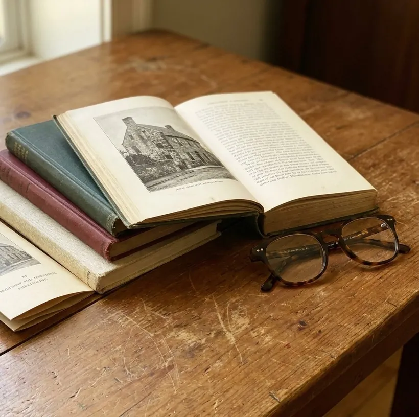 Ein aufgeschlagenes Buch mit historischem Foto, daneben ein Bücherstapel und eine Brille