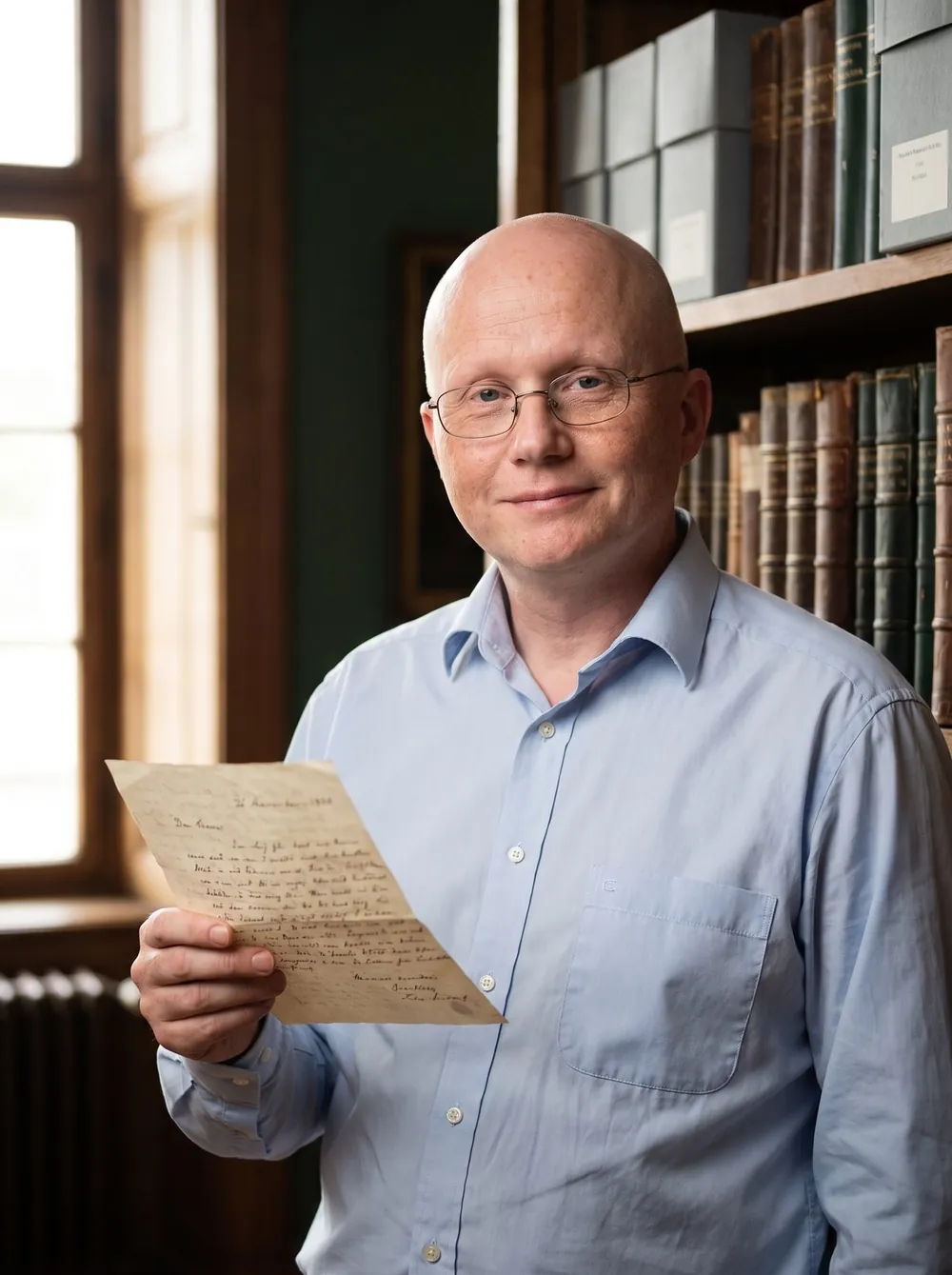 Tobias Deterding im Lesesaal eines Archivs, in der Hand ein alter Brief